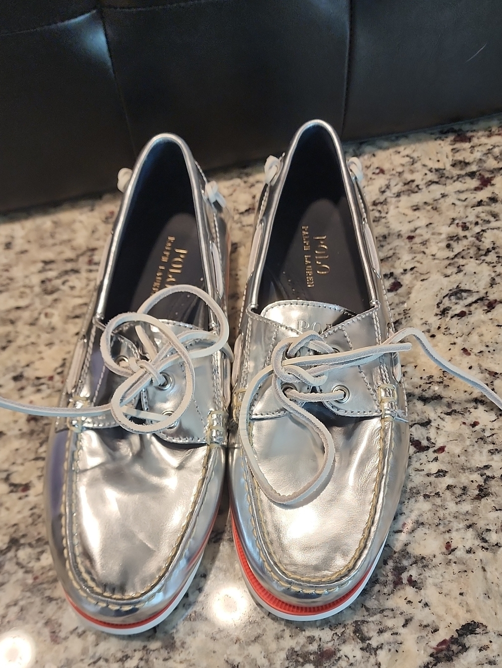 Polo by Ralph Lauren Men's Metallic Silver Boat Loafers with Red Trim